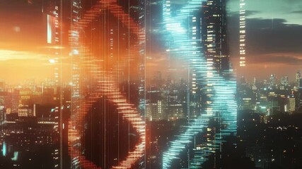 Exploring the synergy of DNA technology and urban architecture in a vibrant cityscape at dusk, dna strand and data processing over cityscape - Powered by Adobe