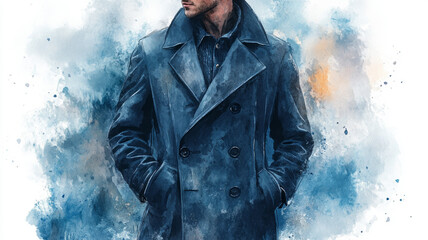 Watercolor portrait of a man in a blue coat, stylish and artistic.