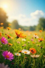 Obraz premium Sun-drenched wildflowers in a vibrant meadow, buzzing with bees on a warm summer's day Perfect for nature, summer, and seasonal themes , sunlight, pollen