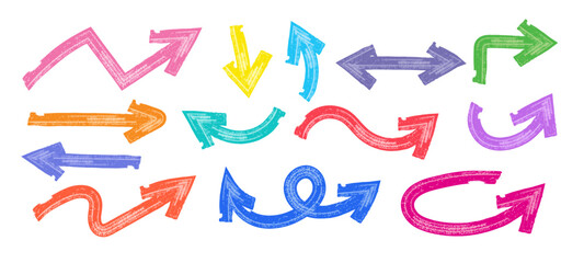 Arrows colorful in grunge style set, Hand drawn Color Arrows, doodle marker decorative direction pointers element design collection