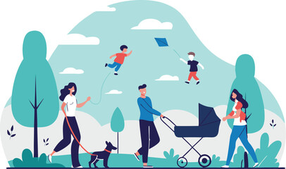 Happy family enjoying leisure time together playing with kites and walking in the park