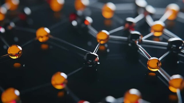 Data processing with molecular structures depicted on a black background highlighting scientific themes, data processing and molecules on black background