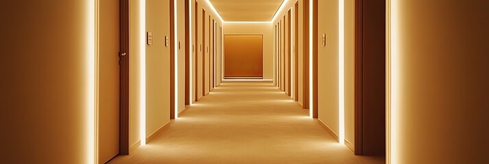 A long hallway with doors on both sides, each door a different shade of brown and beige.