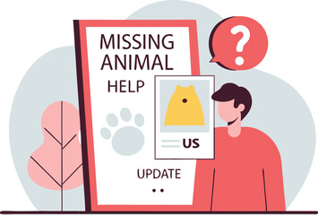 Illustration of a missing animal poster displayed with a question mark and a concerned person