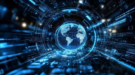 Obraz premium Global Network Data Visualization Futuristic Blue Digital Globe, Digital Transformation, Global Connectivity Digital Earth, Network Security