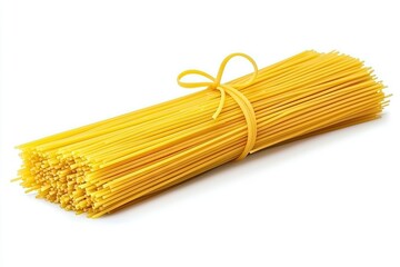 Bundled spaghetti noodles on a white background.