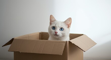 Curious White Cat with Blue Eyes Peeking from Cardboard Box on Plain White Background Adorable Feline Friend Expressive Portrait Charming and Innocent Perfect for Decoration