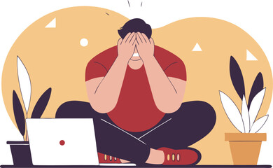 Overwhelmed person covering eyes sitting with laptop expressing stress and emotional exhaustion