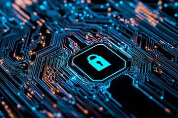 Digital circuit board featuring a padlock symbol for cybersecurity.