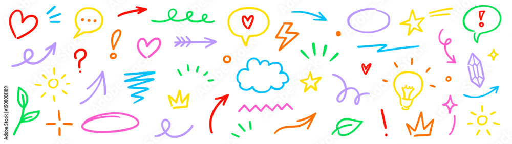 Aufkleber line marker hand color brush icon set. arrow sketch stroke underline pencil shape colorful highlight
