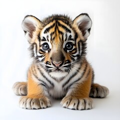 Obraz premium A tiger cub sitting on a plain white background, showcasing its distinctive orange and black stripes.