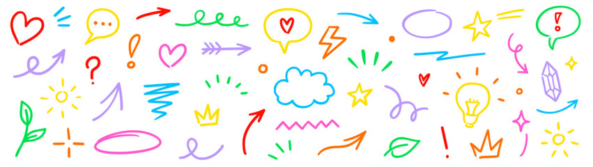 Line marker hand color brush icon set. Arrow sketch stroke underline pencil shape colorful highlight for text or design. Hand drawn star crown heart with playful doodle style. Vector illustration.