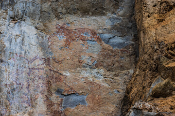 Prehistoric paintings on the cliff at Pha Pha Phung Cave, Loei province, Thailand.