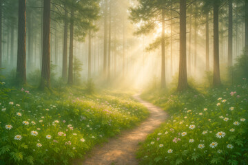 Obraz premium A dreamy morning scene in a pine forest with a winding dirt path leading through tall trees and a glowing sunrise. Misty light filters through the branches and illuminates blooming wildflowers