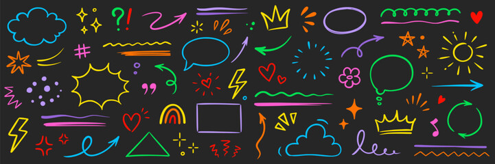 Line hand drawn brush marker arrow, heart, crown element set. Hand drawn sketch marker underline kid color shape, arrow, star scribble brush pen stroke doodle graphic icon. Vector illustration