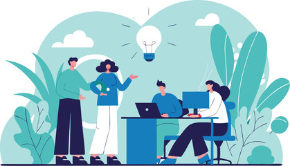 Team collaboration and idea sharing illustrative design with lightbulb and office environment