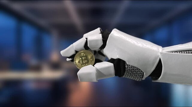 A futuristic robotic hand gracefully holds a golden coin symbolizing cryptocurrency, set against a modern office backdrop. The image represents financial innovation. MZL