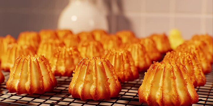 A close up view of freshly baked coconut macaroons cooling on a wire rack in a kitchen setting