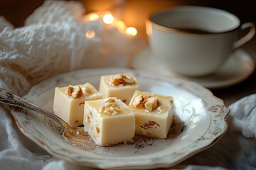 square pieces of white fudge with honey and nuts, on a vintage plate, with a coffee cup in the background, and warm lighting.