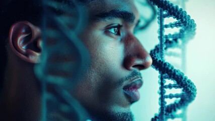Close-up of biracial male surgeon contemplating DNA strands in a clinical environment, dna strands over biracial male surgeon