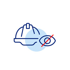 Vector icon of man wearing hard hat with crossed-out eye, symbolizing restricted access, hidden safety status, or confidential construction info. Ideal for industrial apps, safety platforms, and priva