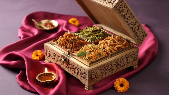 Festive Namkeen Gift Box Flatlay Diwali treats in carved wooden box