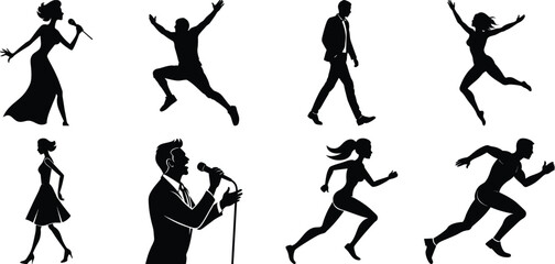 Young people and teenagers performing different activities silhouette set, dancing, singing, walking, reading, playing, running. Vector isolated on transparent background.