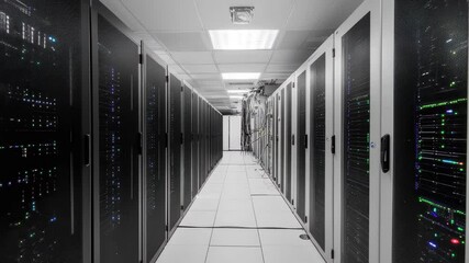 Financial data being processed in a modern server room filled with high-tech equipment and data storage systems, financial data processing over server room - Powered by Adobe