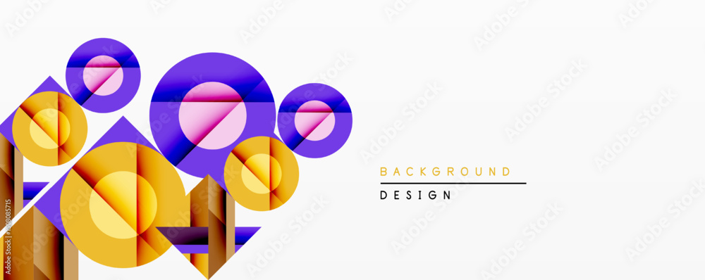 Leinwandbilder Abstract geometric composition. Overlapping circles, triangles create dynamic visual effect. Gradient colorsyellow, purple, pinkadd depth, modern aesthetic. Minimalist design suitable background.