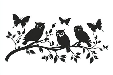Silhouettes of owls and butterflies on a branch.
