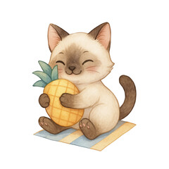 Cute Siamese cat hugging pineapple on striped mat, kawaii summer watercolor clipart with transparent background