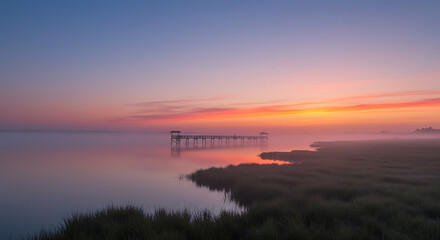 Obraz premium Serene Sunrise over Misty Marsh with Long Pier and Colorful Sky
