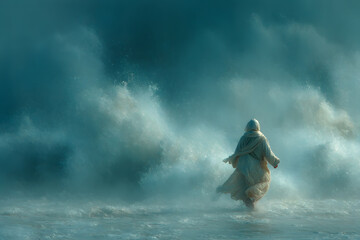 Digital artistic painting of Jesus walks on water across the sea as in bible