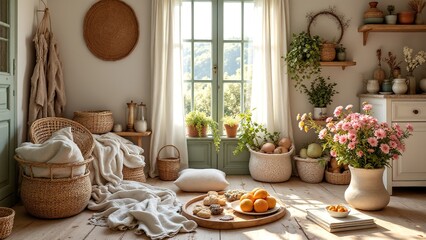Cozy natural interior with fresh fruits and beautiful flowers
