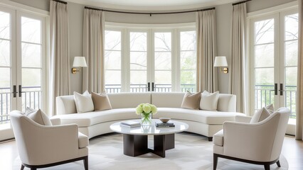 Fototapeta premium Elegant modern living room with circular sofa and large windows