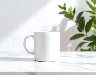 White mug on marble surface, sunlight and plant backdrop