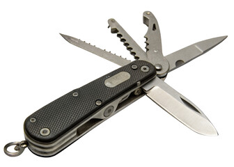 Multi-tool pocket knife with open blades Isolated on a transparent background.