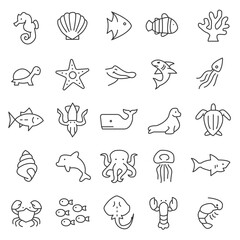 Collection of line art icons depicting various sea creatures and objects