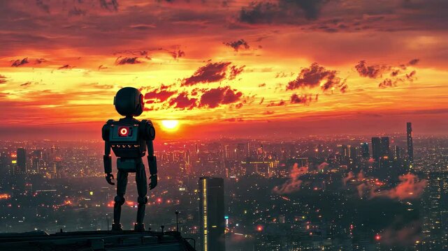 Lone robot stands against a fiery sunset overlooking a vast cityscape filled with clouds and glowing lights, A lone robot silhouetted against a fiery sunset, overlooking a futuristic city