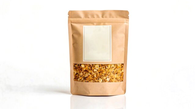 Brown Paper Bag of Granola Cereal on White Background, Ready for Branding