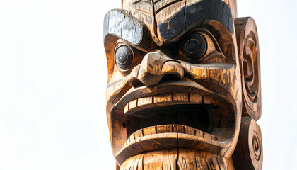 Fierce Wooden Totem Pole Carving Close-Up of Intricate Detail and Expressive Face