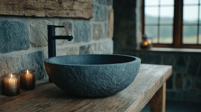 Dark gray stone sink in a rustic bathroom.