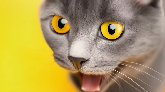 Close up of a gray cat with vibrant yellow eyes against a bright yellow background, expressing a surprised or shocked reaction, mouth open