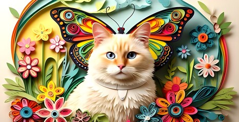 Birman cat with a colorful butterfly and the fresh garden in quilling paper style