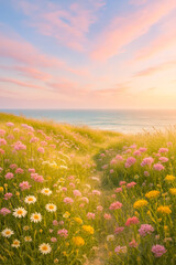 Obraz premium Golden wildflower meadow stretching toward a tranquil ocean horizon, bathed in warm golden-hour sunlight under a pastel pink and blue sky. Serene coastal path evoking peaceful summer escape vibes.