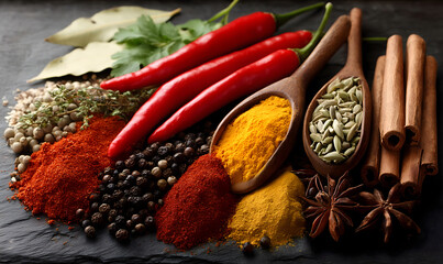 Chili peppers surrounded by spices such as turmeric, coriander, pepper and cinnamon, beautifully arranged on a dark background.