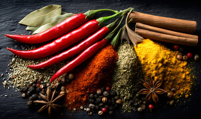 Chili peppers surrounded by spices such as turmeric, coriander, pepper and cinnamon, beautifully arranged on a dark background.