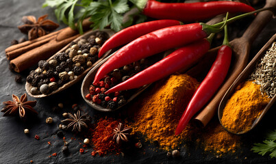 Chili peppers surrounded by spices such as turmeric, coriander, pepper and cinnamon, beautifully arranged on a dark background.