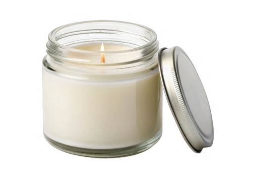Scented candle in glass jar with lid off Isolated on a transparent background.