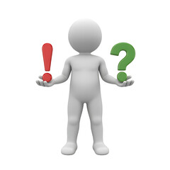 3D Stick Figure Holding Question Mark and Exclamation Point on transparent background